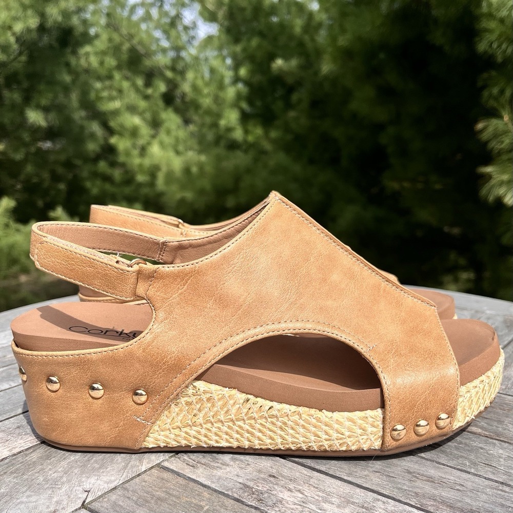 Corkys Volta II Wedge Sandal Womens Size 8 Tan Brown Studded Slingback Shoe